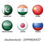 Set of 6 Asian Countries Realistic 3d flags in round shape icons. Asian flags. Vector illustration.