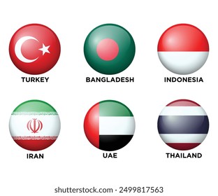 Set of 6 Asian Countries Realistic 3d flags in round shape icons. Asian flags are isolated on a white background. Vector illustration. Set 2