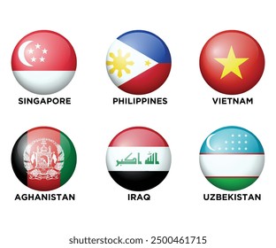 Set of 6 Asian Countries Realistic 3d flags in round shape icons. Asian flags are isolated on a white background. Vector illustration. Set 3