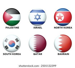 Set of 6 Asian Countries Realistic 3d flags in round shape icons. Asian flags are isolated on a white background. Vector illustration. Set 5
