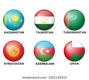 Set of 6 Asian Countries Realistic 3d flags in round shape icons. Asian flags are isolated on a white background. Vector illustration. Set 6