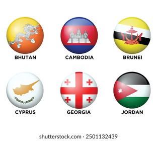 Set of 6 Asian Countries Realistic 3d flags in round shape icons. Asian flags are isolated on a white background. Vector illustration. Set 7