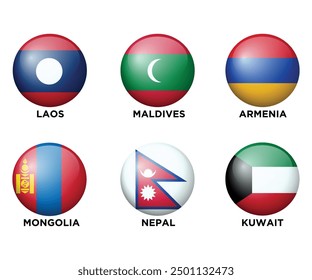 Set of 6 Asian Countries Realistic 3d flags in round shape icons. Asian flags are isolated on a white background. Vector illustration. Set 8