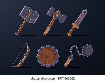 Set of 6 asset item for warrior  character such as, axe, hammer, sword, bow, wooden shield, thorn pendulum. cartoon character flat vector illustration svg