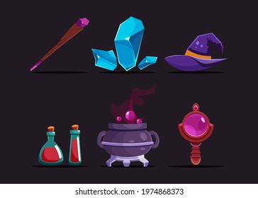 Set of 6 asset item for witch character such as, Magic Staff, Magic Gems, Witch Hat, Poison, Cauldron, Orb. cartoon character flat vector illustration