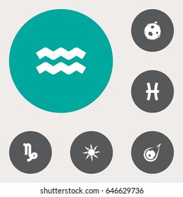 Set Of 6 Astrology Icons Set.Collection Of Comet, Fishes, Solar And Other Elements.