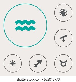 Set Of 6 Astrology Icons Set.Collection Of Water Bearer, Archer, Bull And Other Elements.