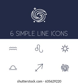 Set Of 6 Astrology Outline Icons Set.Collection Of Leo, Sun, Aqurius And Other Elements.
