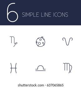 Set Of 6 Astrology Outline Icons Set.Collection Of Virgo, Capricorn, Pisces And Other Elements.