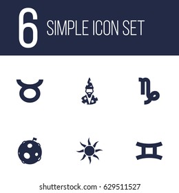 Set Of 6 Astronomy Icons Set.Collection Of Augur, Twins, Lunar And Other Elements.