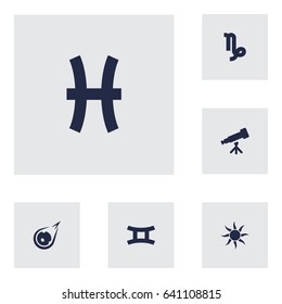 Set Of 6 Astronomy Icons Set.Collection Of Comet, Twins, Binoculars And Other Elements.