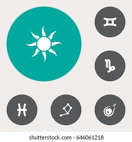 Set Of 6 Astronomy Icons Set.Collection Of Solar, Twins, Fishes And Other Elements.