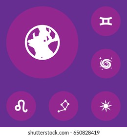 Set Of 6 Astronomy Icons Set.Collection Of Space, Horoscope, Lion And Other Elements.