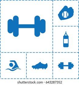 Set of 6 athletic filled icons such as barbell, swimming, soccer trainers, baseball glove, barbell isolated