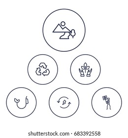 Set Of 6 Atmosphere Outline Icons Set.Collection Of Nature, Renewable Energy, Landscape Elements.