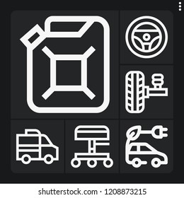 Set of 6 auto outline icons such as electric car, steering wheel, car oil, suspension, van