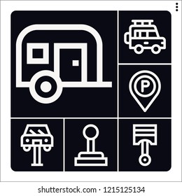 Set of 6 auto outline icons such as jeep, gearshift, pistons, car repair, trailer