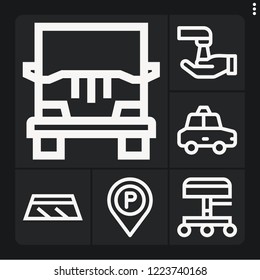 Set of 6 auto outline icons such as wash, windshield, seat, taxi, jeep