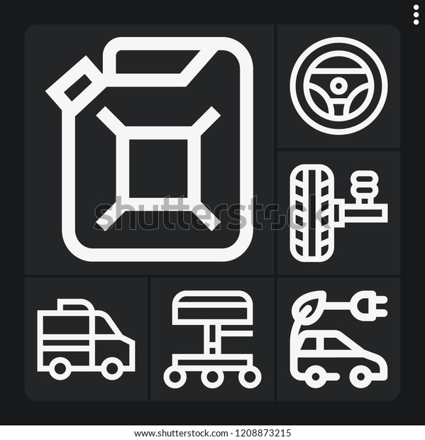 Set of 6 auto outline icons such as\
electric car, steering wheel, car oil, suspension,\
van