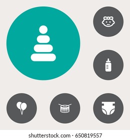 Set Of 6 Baby Icons Set.Collection Of Milk, Barrel, Air Balloon And Other Elements.