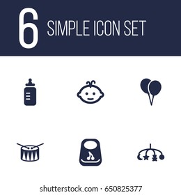 Set Of 6 Baby Icons Set.Collection Of Air Balloon, Breastplate, Baby And Other Elements.