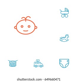 Set Of 6 Baby Outline Icons Set.Collection Of Drum, Rocking Horse, Boy And Other Elements.