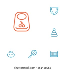 Set Of 6 Baby Outline Icons Set.Collection Of Boy, Bib, Crib And Other Elements.