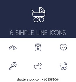 Set Of 6 Baby Outline Icons Set.Collection Of Carriage, Toys, Baby And Other Elements.