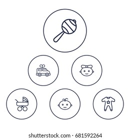 Set Of 6 Baby Outline Icons Set.Collection Of Boy, Smock, Rattles And Other Elements.
