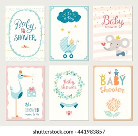 Set of 6 baby shower cards with floral wreath, frames, elephant, baby carriage, baby boy, decorative flowers, stars, stork, gift box and hand lettering. Template for printable cards and scrapbooking. 