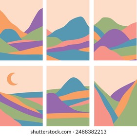 Set of 6 background pictures with colorful calm landscape showing valleys, mountains and plains under the sky