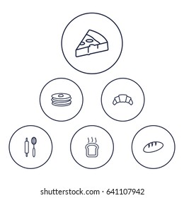 Set Of 6 Bakery Outline Icons Set.Collection Of Croissant, Pizza, Rolling Pin And Other Elements.