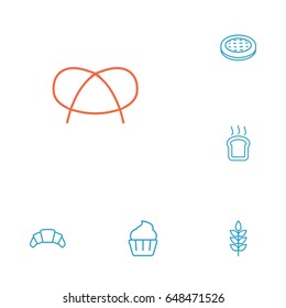 Set Of 6 Bakery Outline Icons Set.Collection Of Pretzel, Wheat, Cupcake And Other Elements.