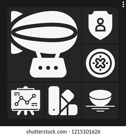 Set of 6 banner filled icons such as shield, sphere, presentation, zeppelin