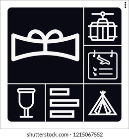 Set of 6 banner outline icons such as cup, cable car cabin, arrivals, scroll, tent