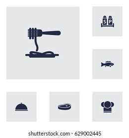 Set Of 6 Bar Icons Set.Collection Of Chef, Tuna, Tray And Other Elements.
