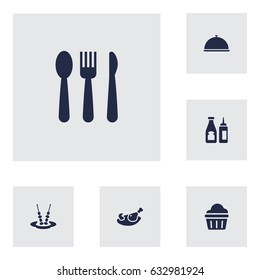 Set Of 6 Bar Icons Set.Collection Of Sweet, Silverware, Tray And Other Elements.