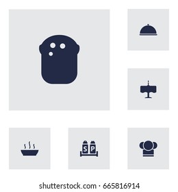 Set Of 6 Bar Icons Set.Collection Of Broth, Baguette, Chef And Other Elements.