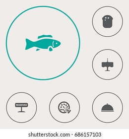 Set Of 6 Bar Icons Set.Collection Of Tuna, Tray, Baguette And Other Elements.