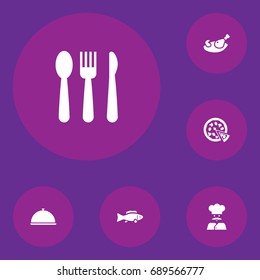 Set Of 6 Bar Icons Set.Collection Of Pepperoni, Silverware, Grill And Other Elements.