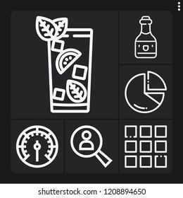 Set of 6 bar outline icons such as chart, menu, gin tonic, gauge, wine