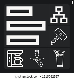 Set of 6 bar outline icons such as bloody mary, cocktail, chart, coffee machine, corkscrew
