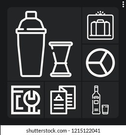 Set of 6 bar outline icons such as vodka, cocktail shaker, scan, menu, pie chart
