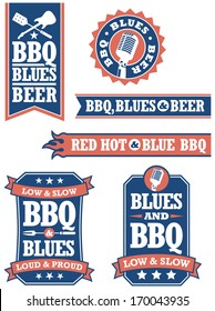 Set of 6 Barbecue and Blues badges/icons. Easy to edit vector files, great for menus, posters, signs and more!