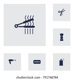 Set Of 6 Barber Icons Set.Collection Of Hairspray, Blow-Dryer, Razor And Other Elements.