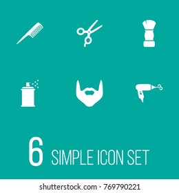 Set Of 6 Barbershop Icons Set.Collection Of Hairbrush, Shears, Hairspray And Other Elements.