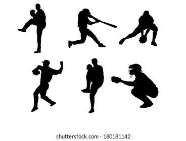 The set of 6 baseball player silhouette