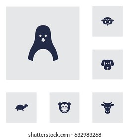 Set Of 6 Beast Icons Set.Collection Of Night Fowl, Hound, Ape And Other Elements.