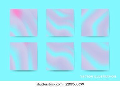 Set Of 6 Beautifu L Light Blue And Pink Pastel Fluid  Square Card Background. Aesthetic Soft Abstract Blue Wave Banner. Light Blue Fabric In Motion. Vector Illustration. EPS 10.