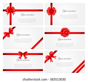 Set of 6 beautiful cards with red gift bows and ribbons. Gift card design with place for your text. Vector illustration